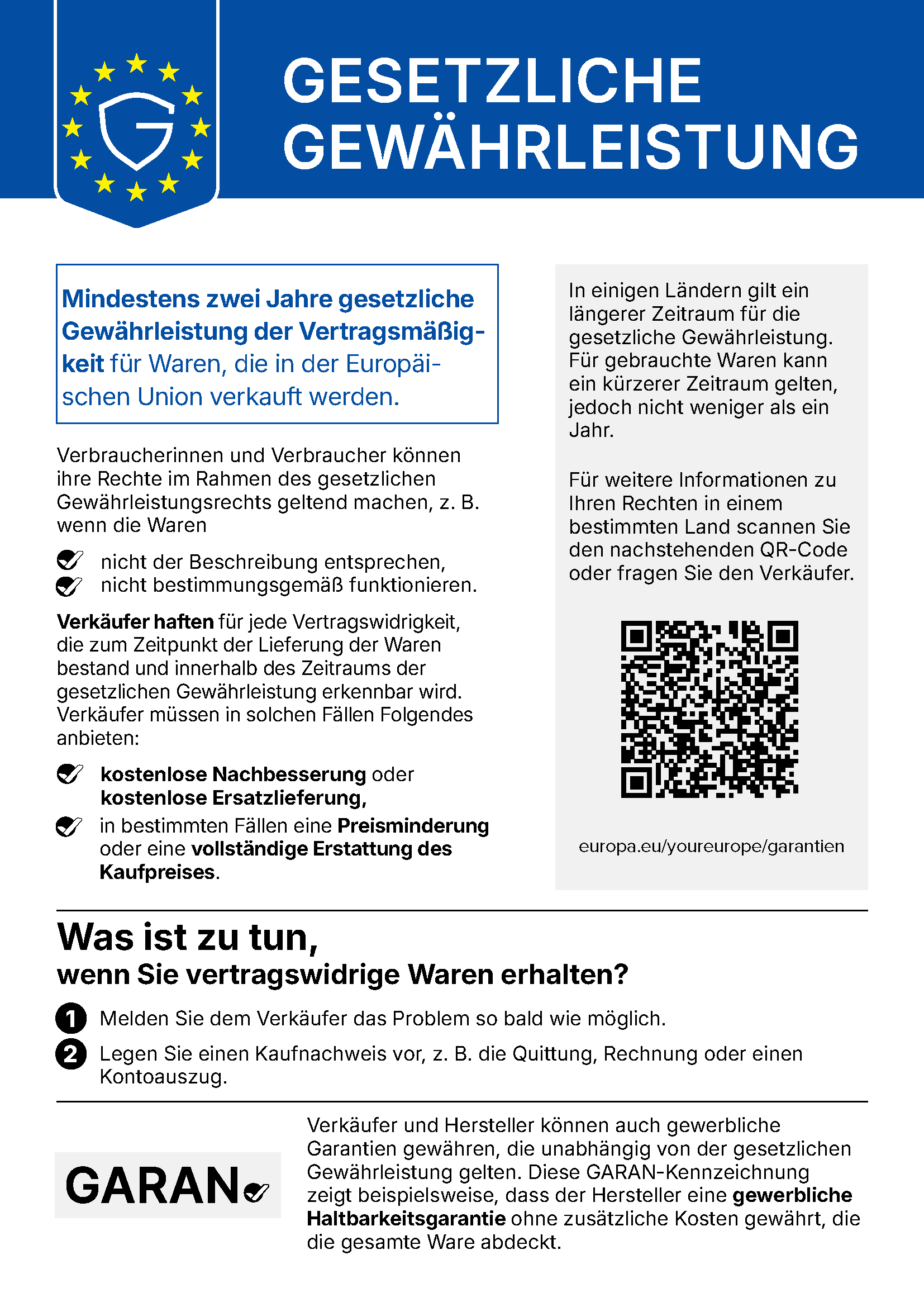Amtliche Mitteilung der EU: Gesetzliche Gewährleistung — mindestens zwei Jahre. Vollständiger Wortlaut in Warenkorb und Kasse.